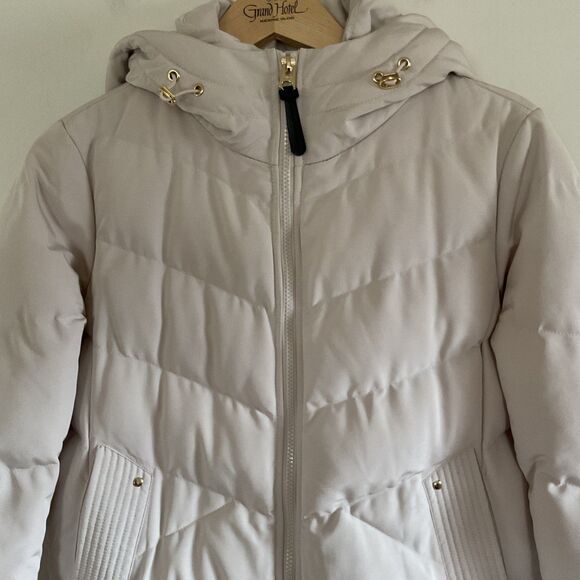 French Connection Hooded Puffer Quilted Jacket Coat Sz M Ecru Water Repellent - Picture 2 of 15
